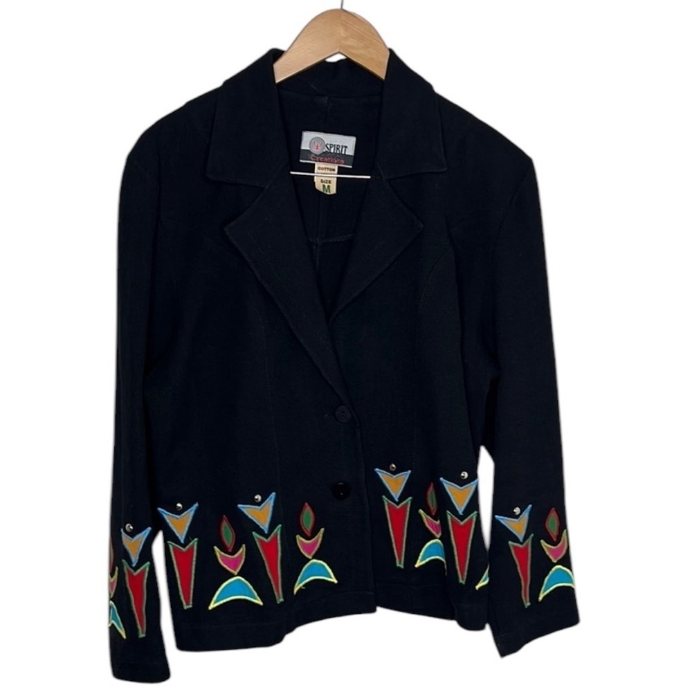 VTG Spirit Creations Black Colorful Abstract Jacket Women Size M